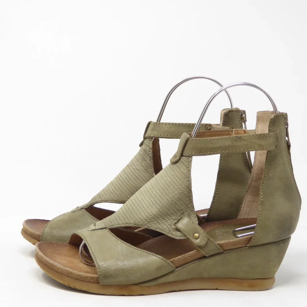 Miz Mooz Maisie Womens Wedge Sandals Green Leather Gladiator Zip Back 39 / 8.5